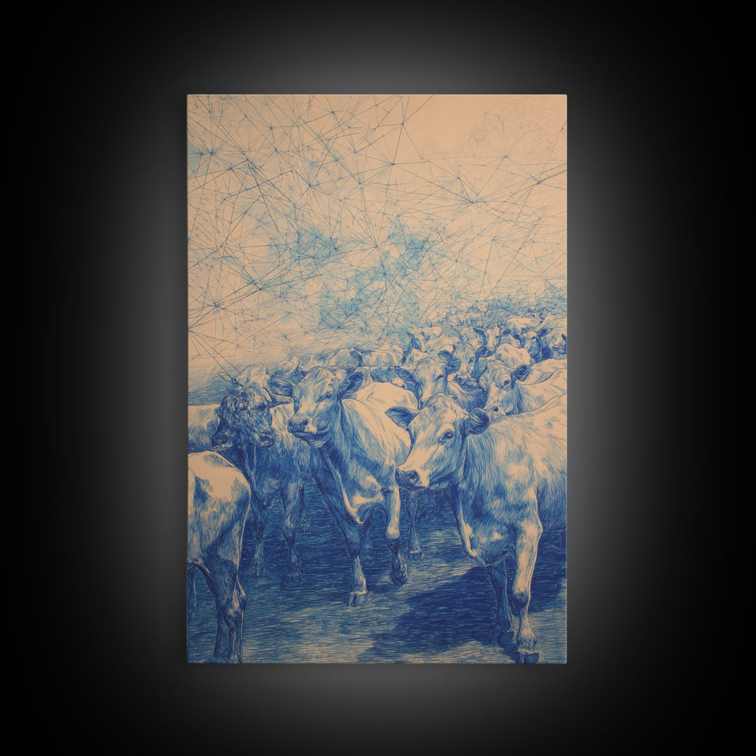 Blue Cattle Herd Network Sketch Wall Art, African Animal Art, Safari Art, Rustic Home Decor, Unique Canvas Gift For Office Decor