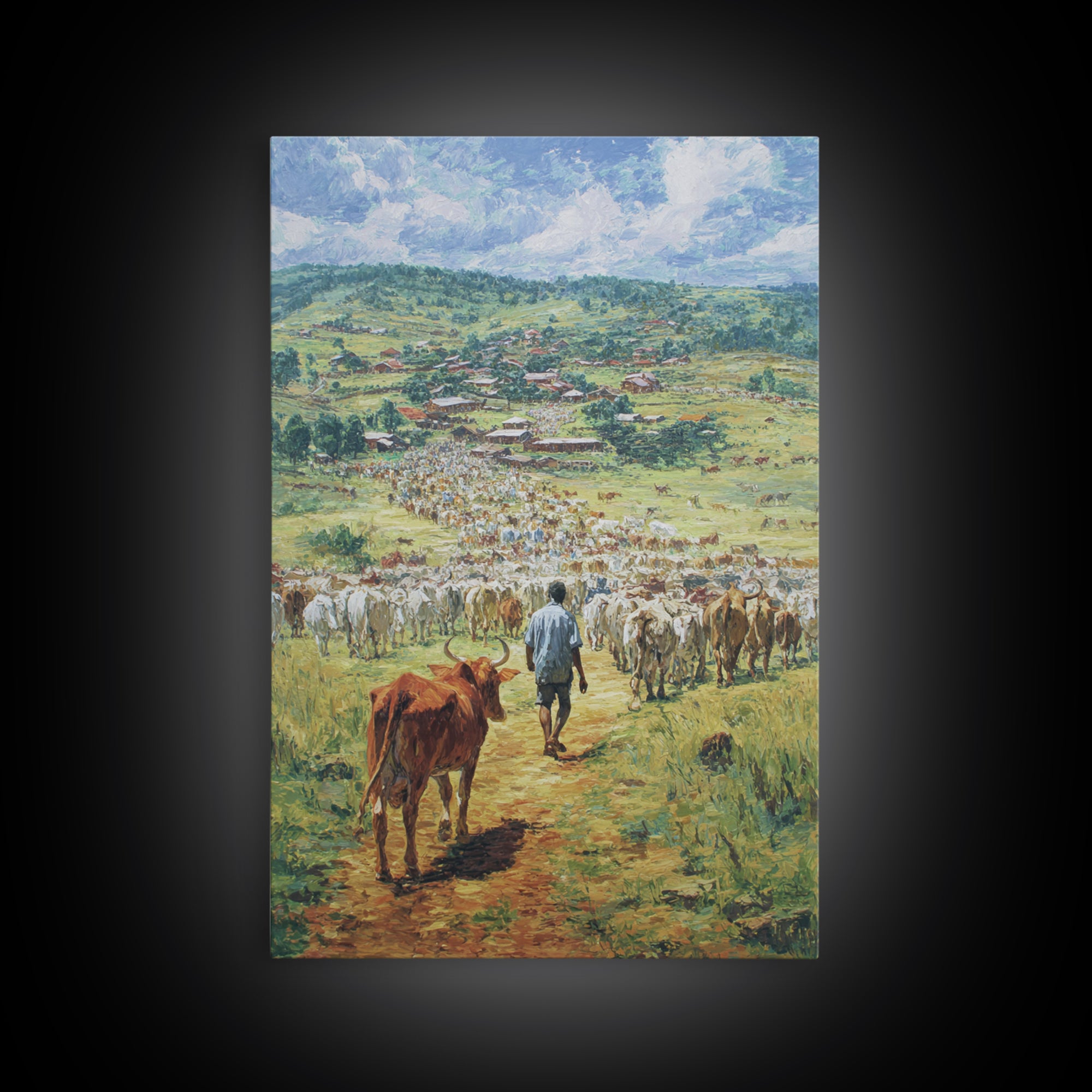 Pastoral Cattle Drive To Village Landscape Wall Art, African Landscape, Safari Decor, Farmhouse Home Decor Gift For Living Room