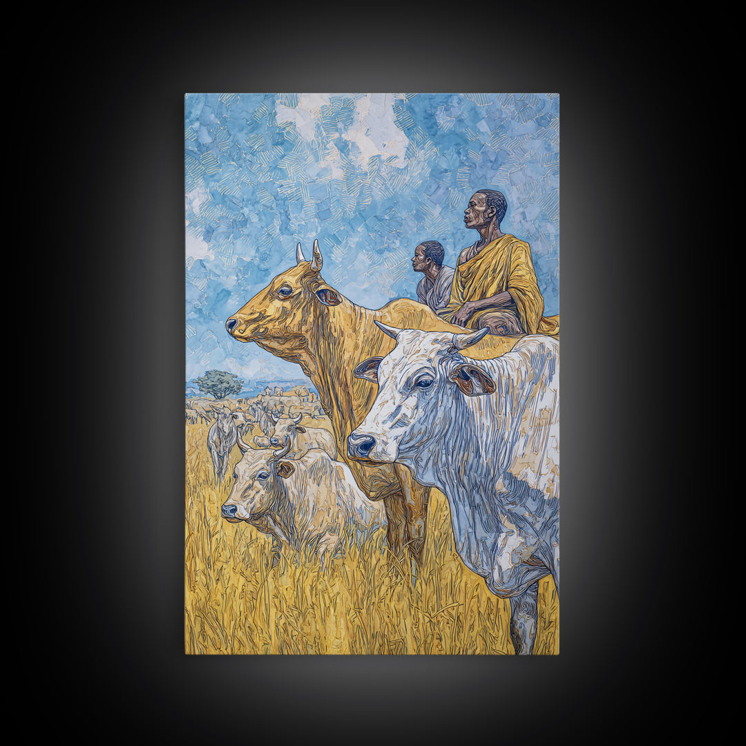 Pastoral African Cattle Herders In Golden Grass Wall Art, Afrocentric Safari Decor, African Landscape Print, Cultural Home Decor