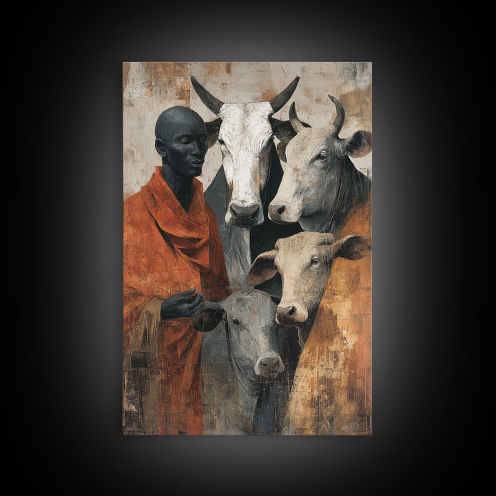 Maasai Herder With White Cattle Framed Canvas Print, African Portrait Wall Decor, Rustic Safari Art, Afrocentric Home Decor