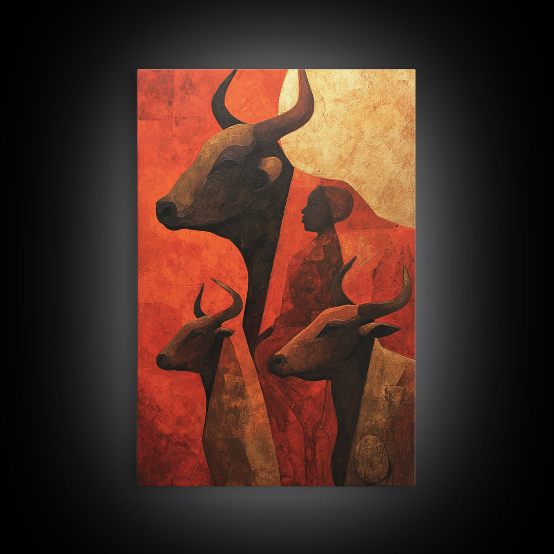 Ochre African Woman With Longhorn Cattle Canvas Print, Tribal Wall Decor, Modern African Art, Burnt Orange Safari Home Decor