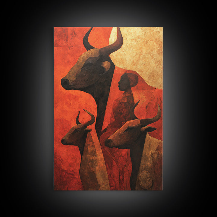 Ochre African Woman With Longhorn Cattle Canvas Print, Tribal Wall Decor, Modern African Art, Burnt Orange Safari Home Decor
