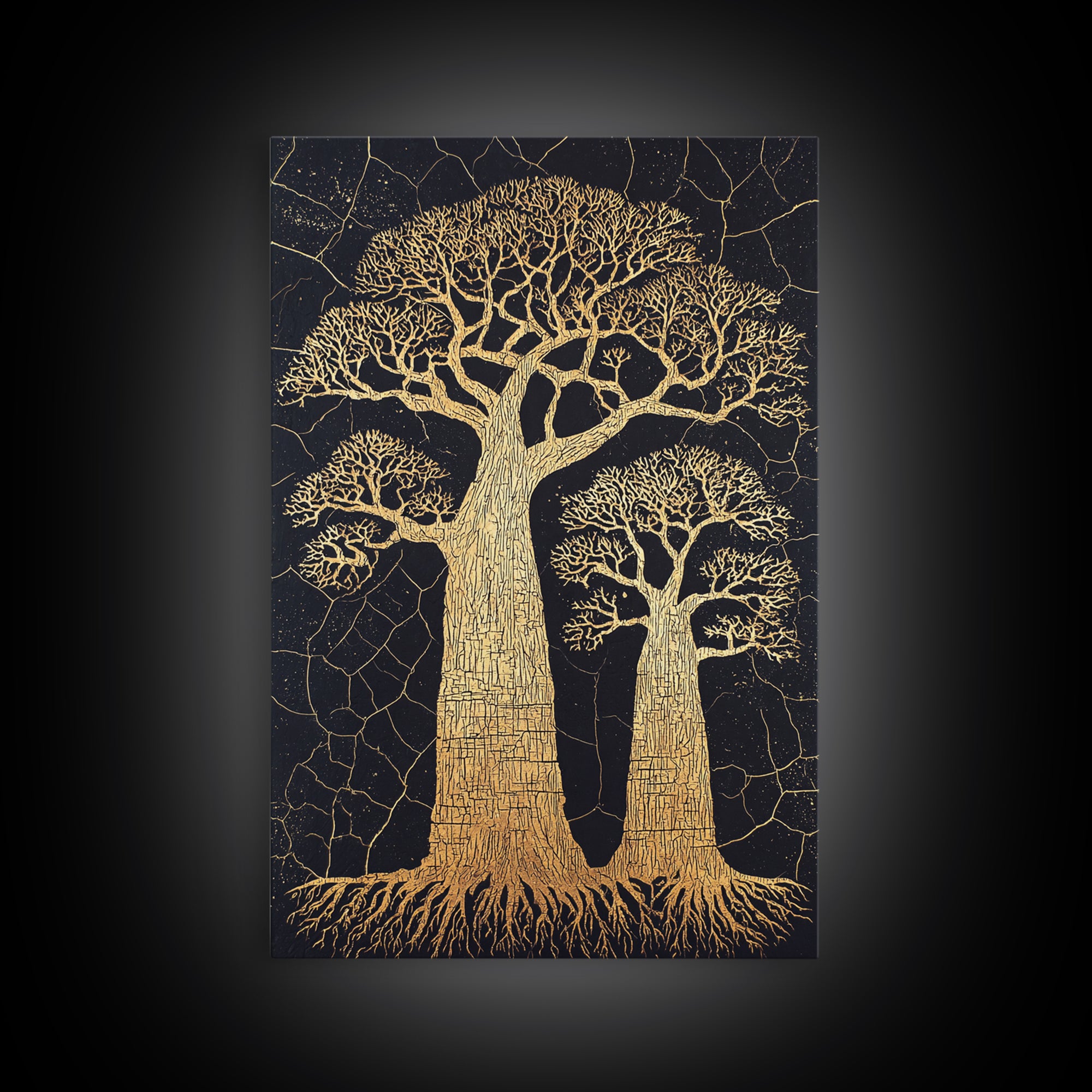 Golden Baobab Trees On Black Cracked Ground Wall Art, African Landscape Print, Botanical Safari Decor, Earth Tone Home Decor