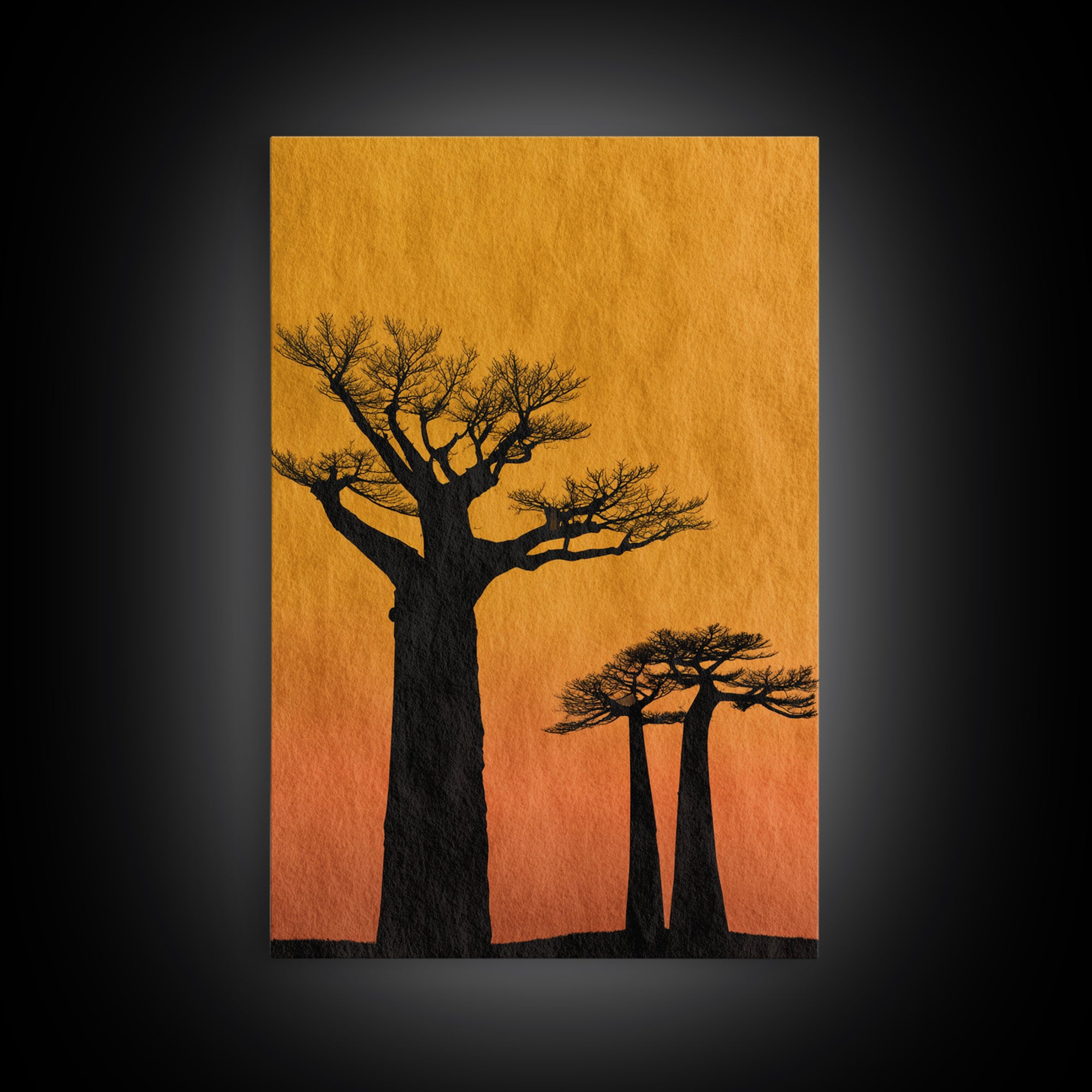 Black Baobab Silhouettes At Orange Sunset Canvas Print, African Tree Wall Decor, Minimalist Safari Art, Warm Boho Home Decor