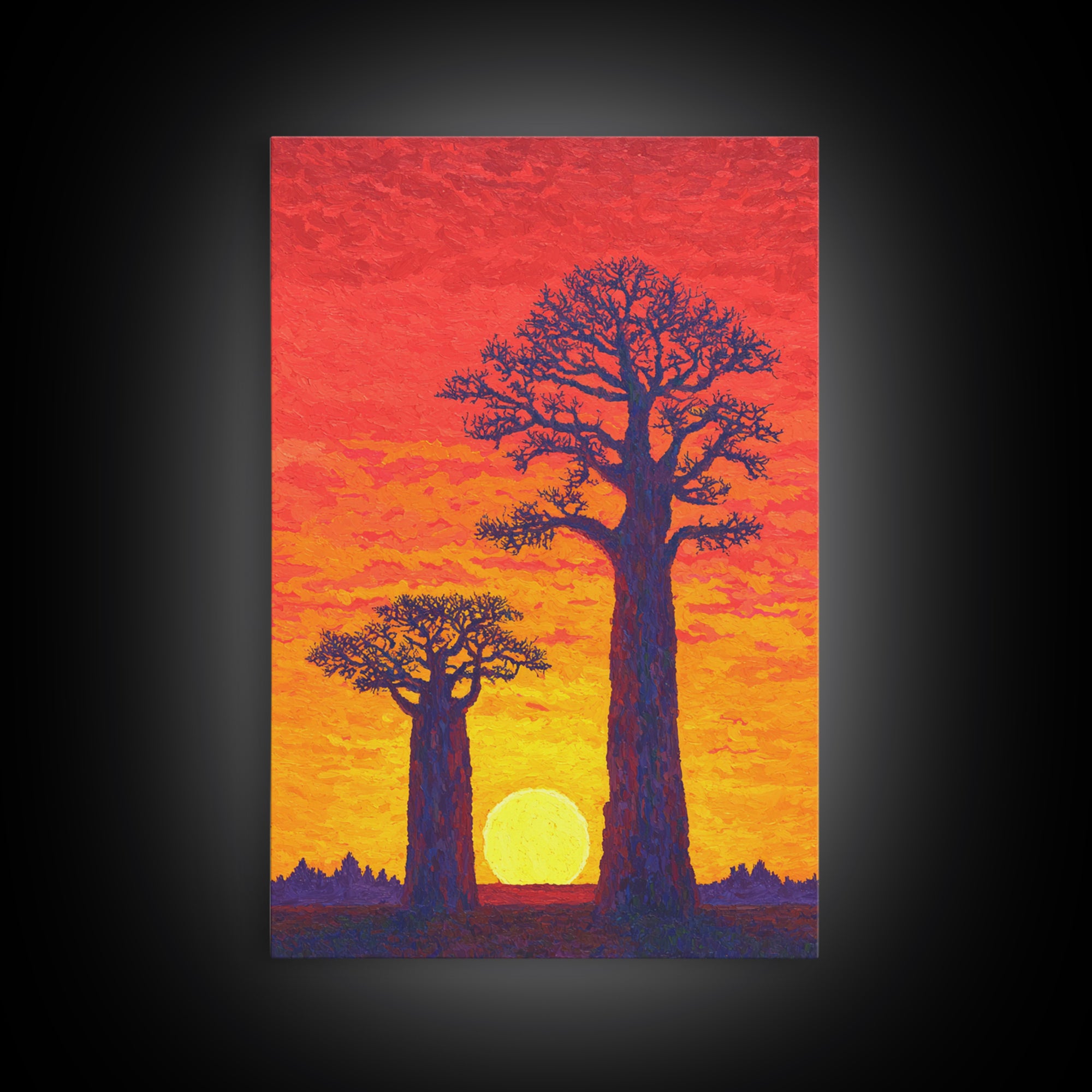 Vivid Baobab Sunset With Glowing Sun Wall Art, African Landscape Print, Colorful Safari Decor, Large Living Room Canvas Print