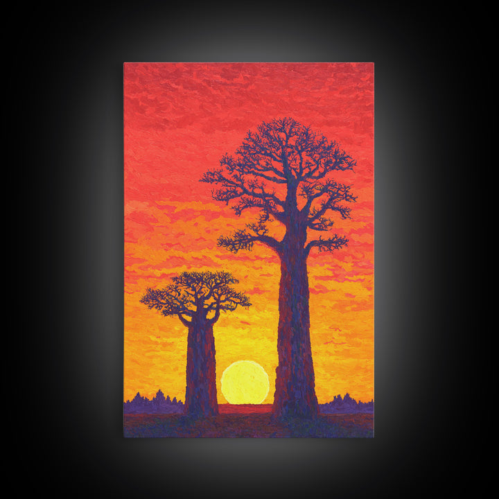 Vivid Baobab Sunset With Glowing Sun Wall Art, African Landscape Print, Colorful Safari Decor, Large Living Room Canvas Print