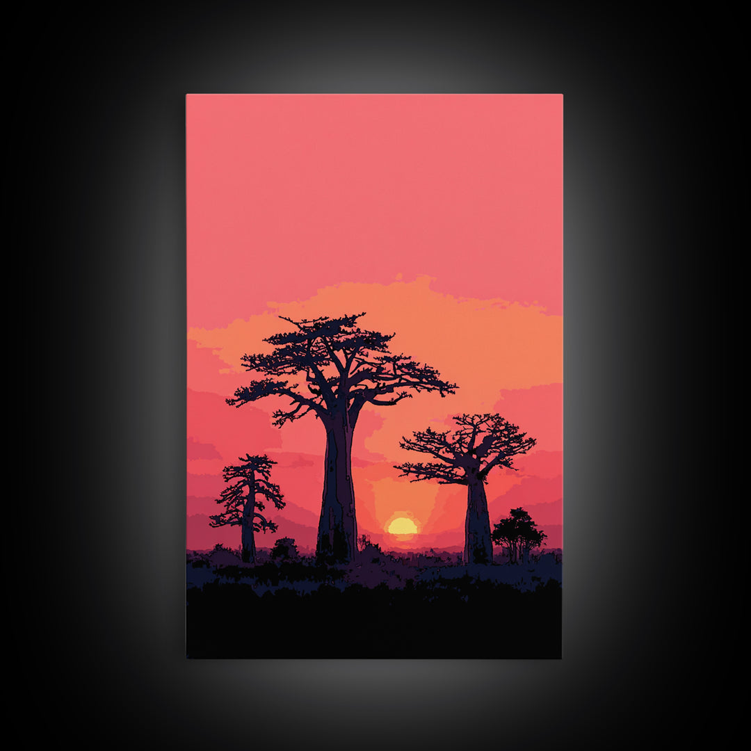 Pink Sunset Baobab Grove Silhouette Canvas Print, Madagascar Wall Art Decor, African Landscape Poster, Modern Safari Home Decor