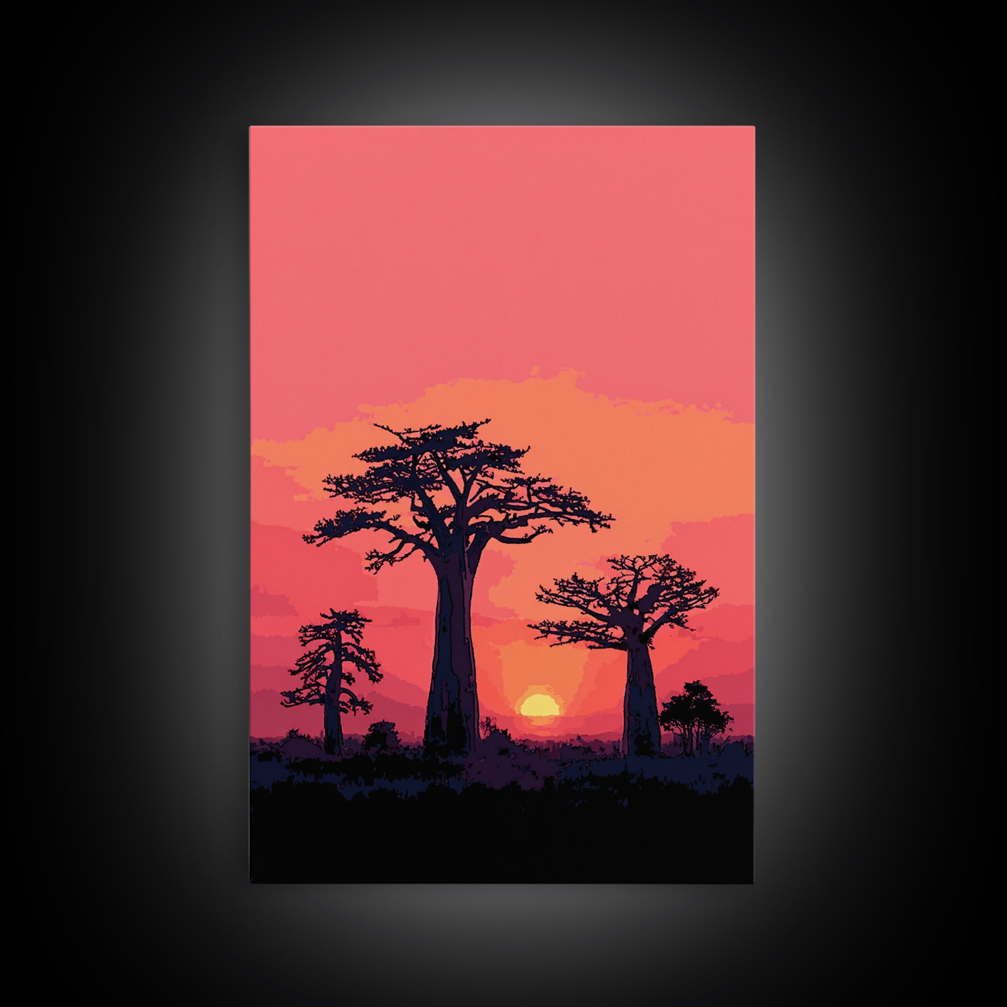 Pink Sunset Baobab Grove Silhouette Canvas Print, Madagascar Wall Art Decor, African Landscape Poster, Modern Safari Home Decor