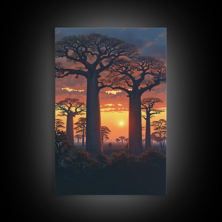Dramatic Baobab Forest At Dusk Framed Canvas Print, African Safari Wall Decor, Serengeti Landscape Art, Nature Scene Decor