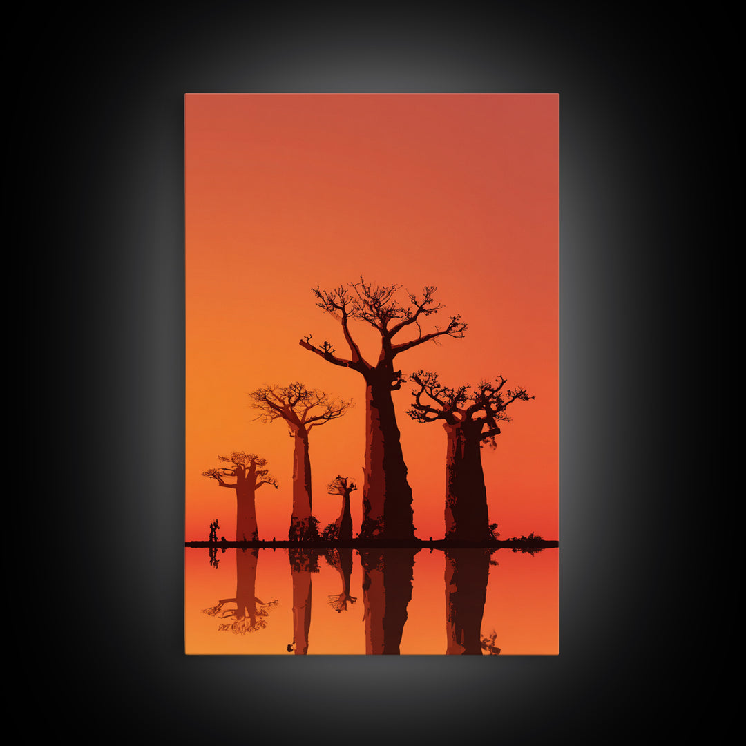 Orange Baobab Reflections At Sunset Wall Art, African Landscape Print, Minimalist Safari Decor, Warm Statement Home Decor
