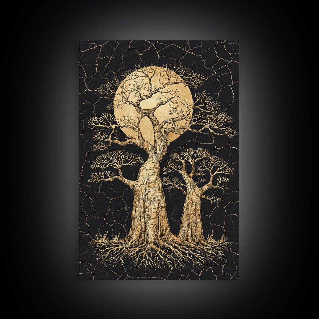 Golden Baobab Moon Tree Wall Art, African Landscape, Black And Gold Decor, Motherland Nature Canvas, Boho Safari Gift, Statement Piece