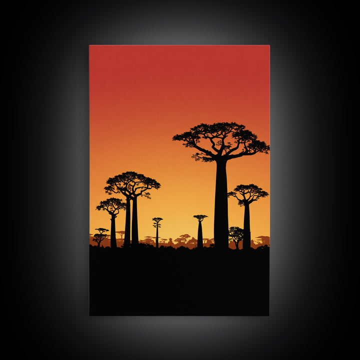 Sunset Baobab Grove Canvas Print, African Safari Landscape, Orange Sky Wall Decor, Madagascar Nature Art, Boho Home Gift