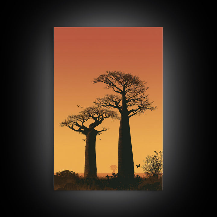 Two Tall Baobab Trees Wall Art, African Sunset Landscape, Madagascar Travel Poster, Orange Safari Decor, Nature Canvas Gift