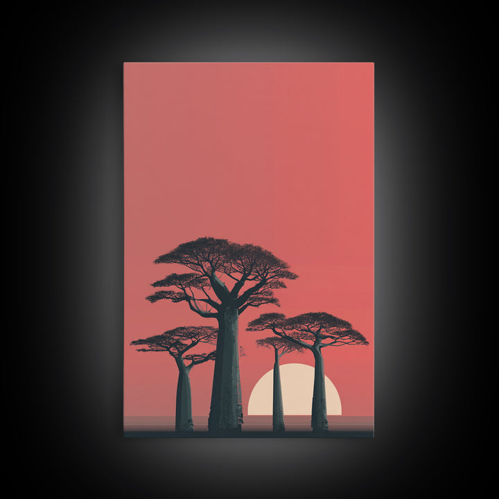 Minimalist Pink Baobab Sunset Canvas Print, African Landscape Wall Decor, Modern Safari Poster, Boho Bedroom Art Gift For Her