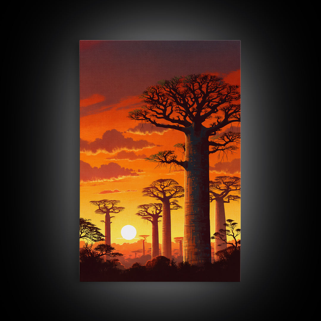 Fiery Baobab Forest Sunset Wall Art, African Safari Landscape, Orange Nature Decor, Madagascar Canvas Print, Gift For Him