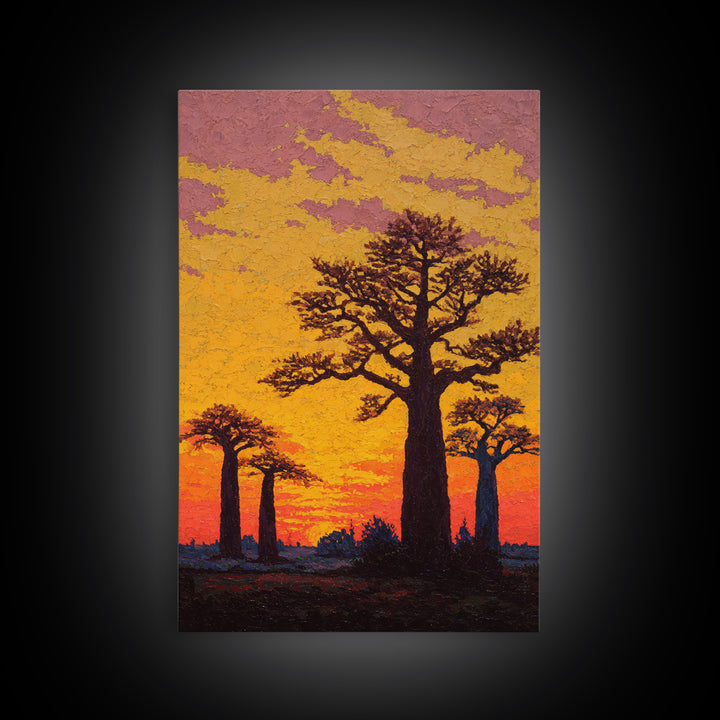 Textured Baobab Sunset Wall Art, African Landscape Painting, Orange Impasto Canvas Print, Safari Decor, Unique Home Gift