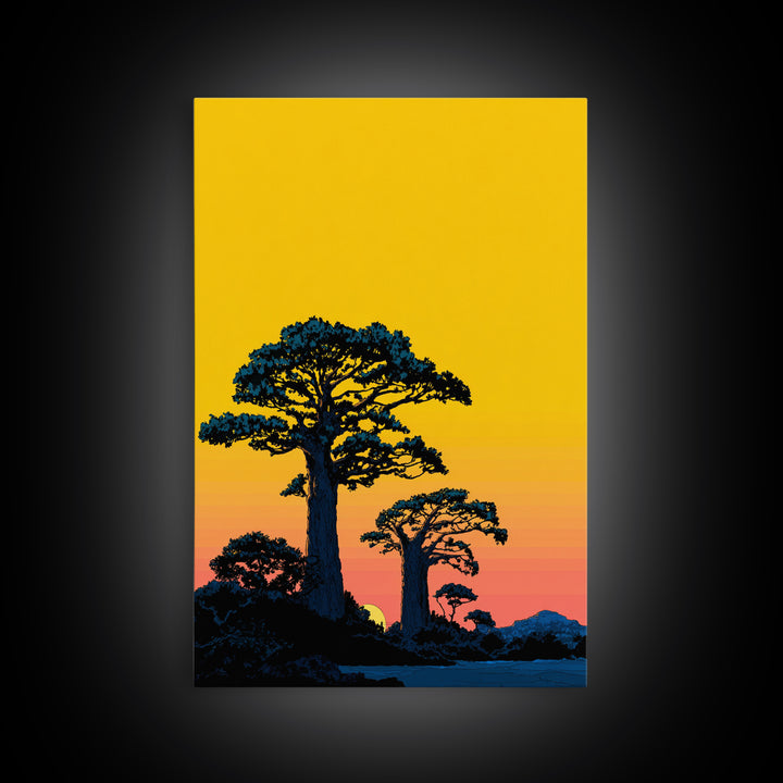 Yellow Sky Baobab Silhouette Canvas Print, African Landscape Wall Decor, Madagascar Sunset Poster, Bold Safari Art Gift Idea