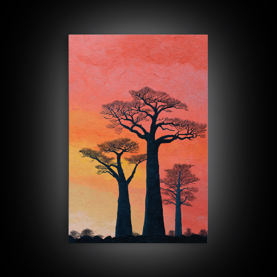 Coral Sunset Baobab Trees Wall Art, African Landscape Print, Textured Canvas Decor, Madagascar Safari Gift, Boho Room Art