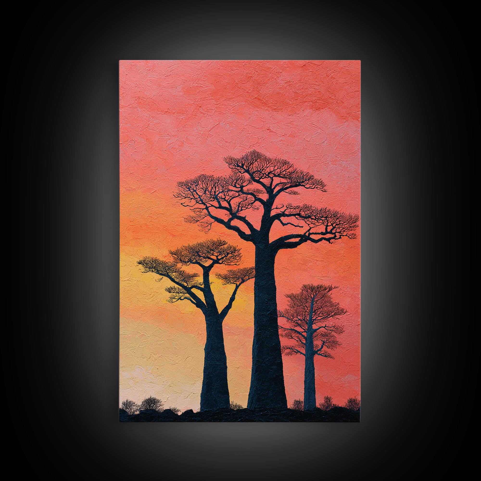 Coral Sunset Baobab Trees Wall Art, African Landscape Print, Textured Canvas Decor, Madagascar Safari Gift, Boho Room Art