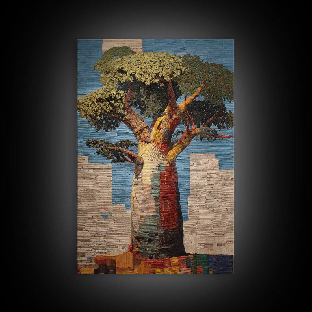 Textured Baobab Tree Mosaic Wall Art, African Landscape, Modern African Art Print, Earth Tone Living Room Decor Gift For Home
