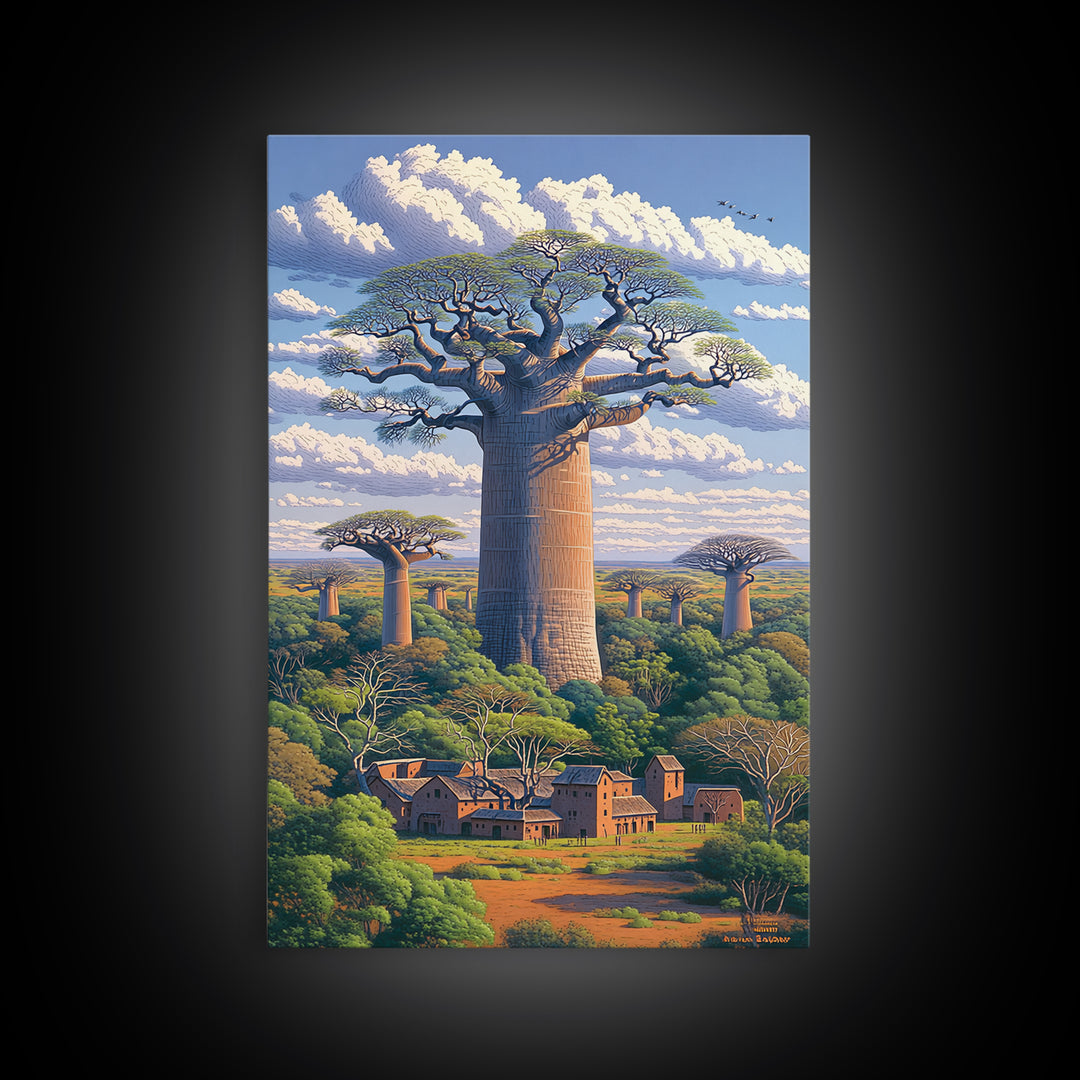 Village Beneath Giant Baobab Wall Art, African Landscape, Madagascar Print, African Home Decor, Large Living Room Art Gift