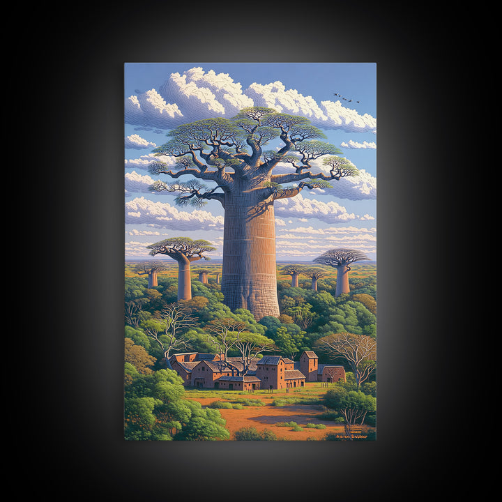 Village Beneath Giant Baobab Wall Art, African Landscape, Madagascar Print, African Home Decor, Large Living Room Art Gift