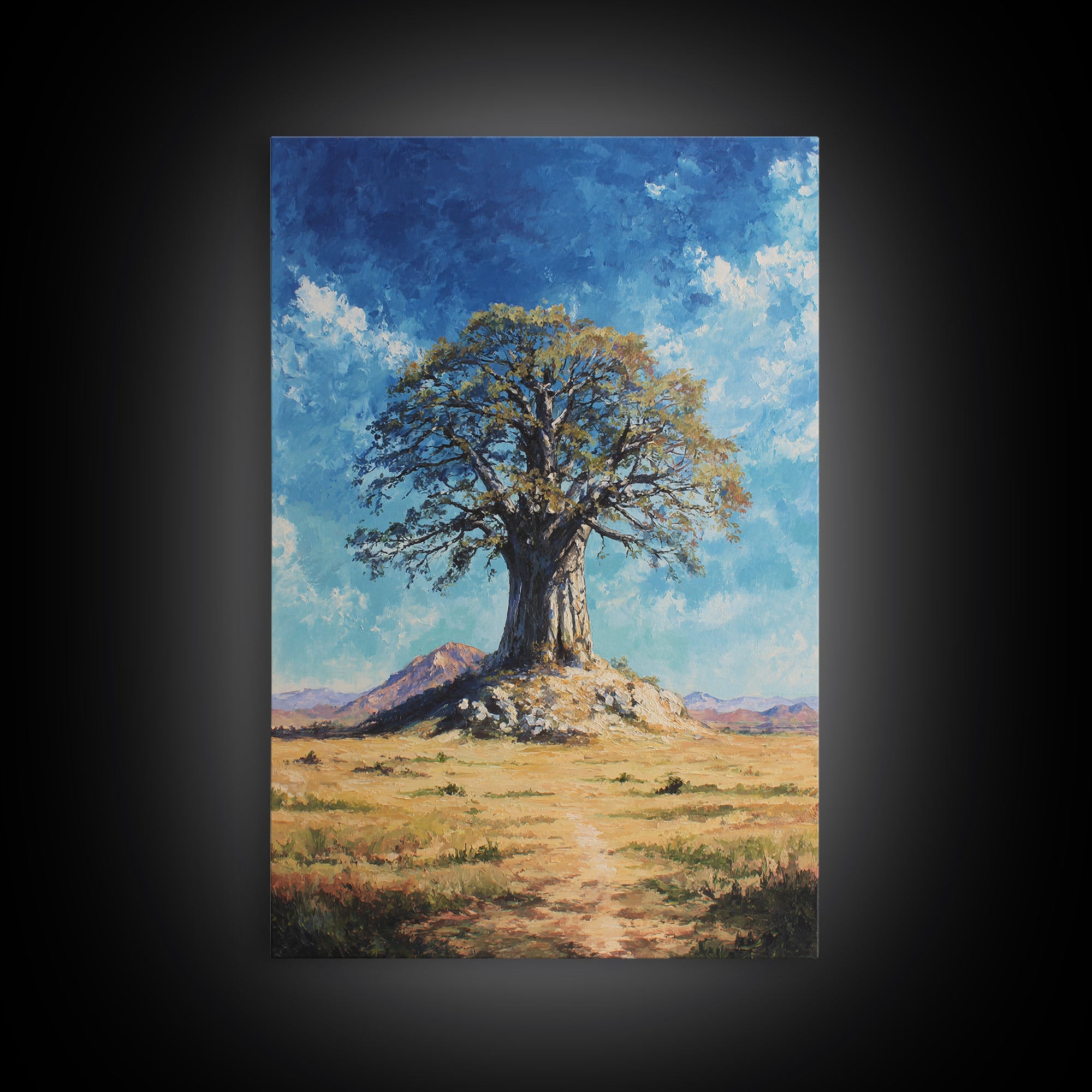 Lone Baobab Desert Path Framed Canvas Print, African Landscape, Blue Sky Painting, Nature Wall Decor, Unique Housewarming Gift