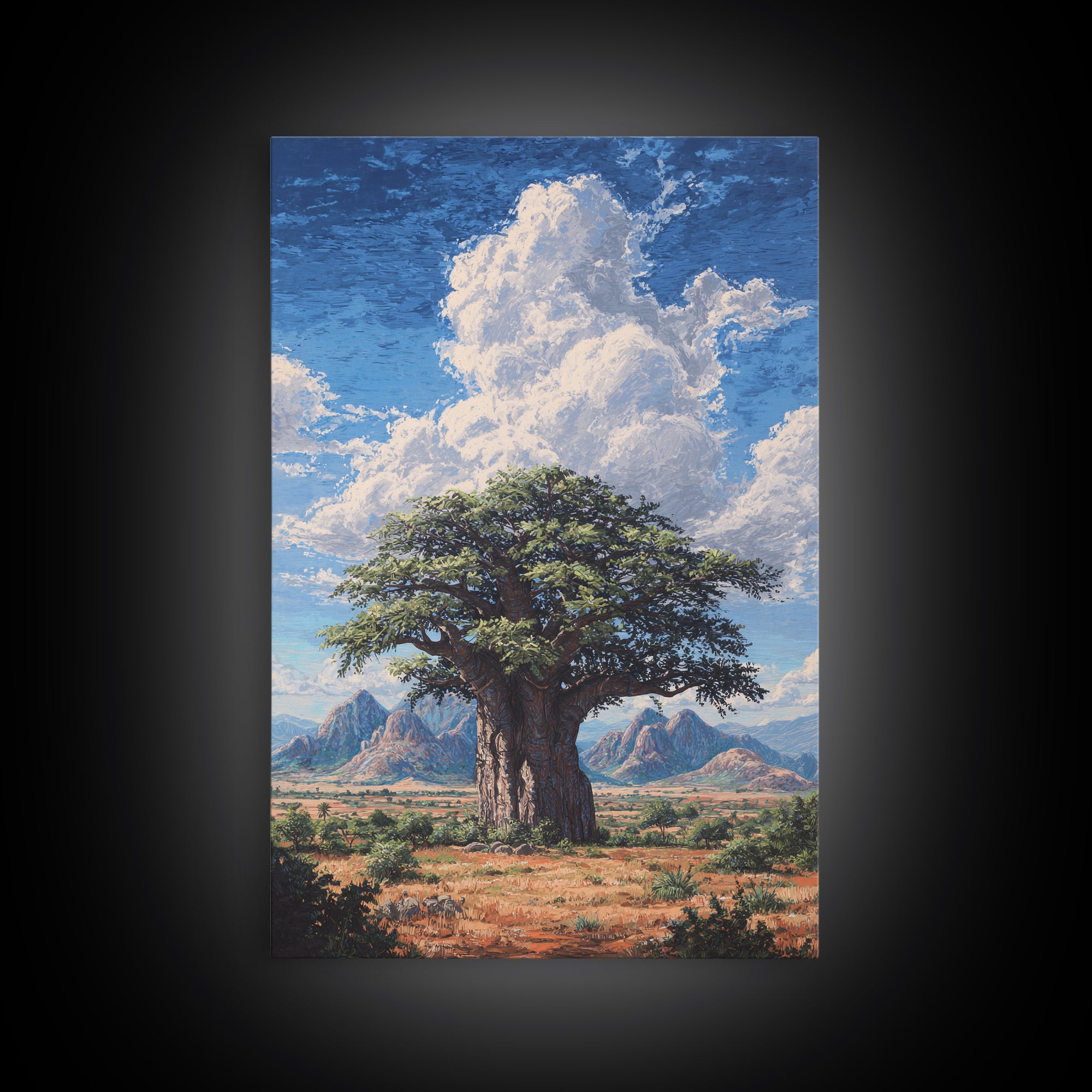 Ancient Baobab Under Towering Clouds Wall Art, African Safari Art, Desert Landscape Painting, Nature Scene Home Decor Gift