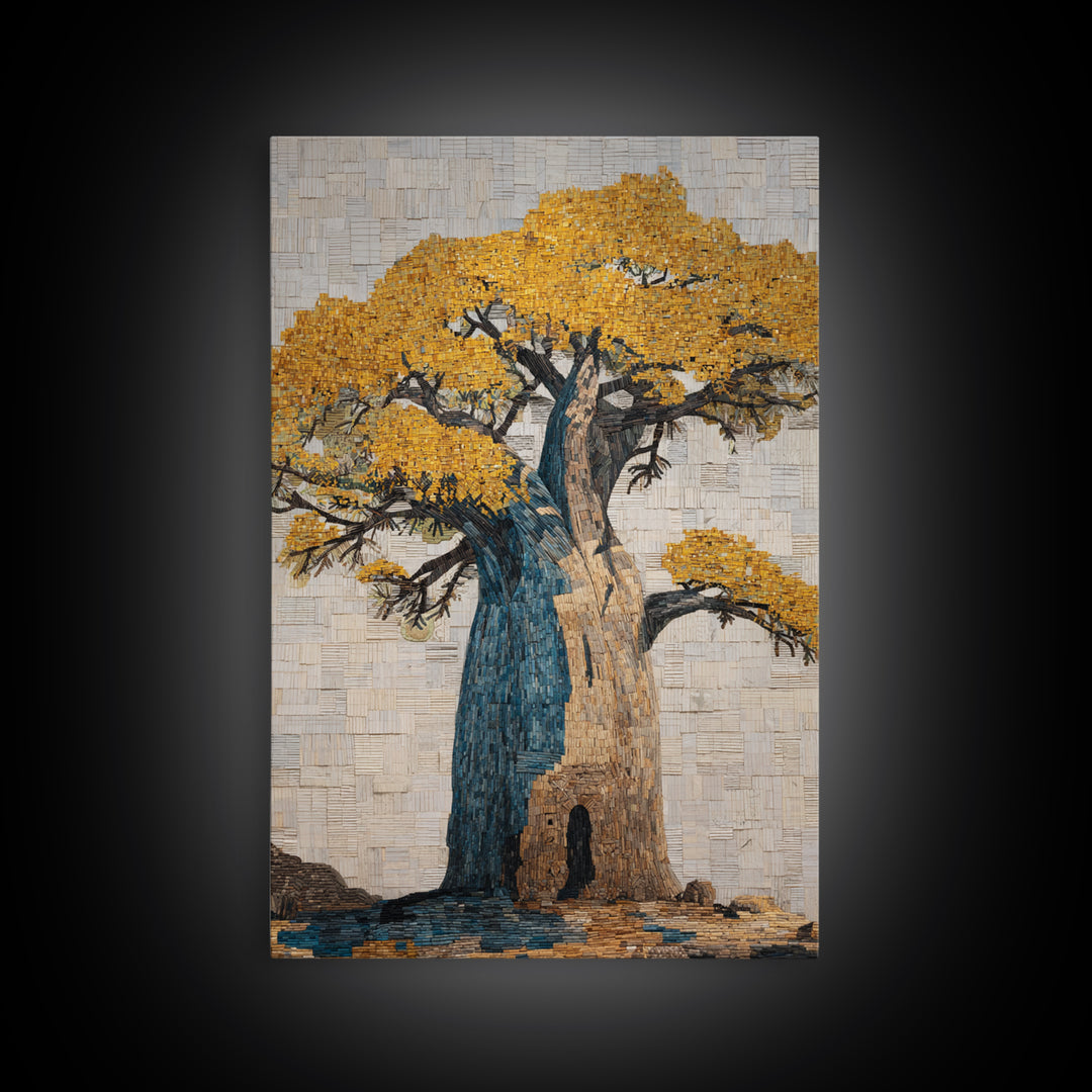 Blue And Gold Baobab Mosaic Framed Canvas Print, African Art Decor, Bold Artwork, Cultural Wall Decor, Statement Piece For Living Room