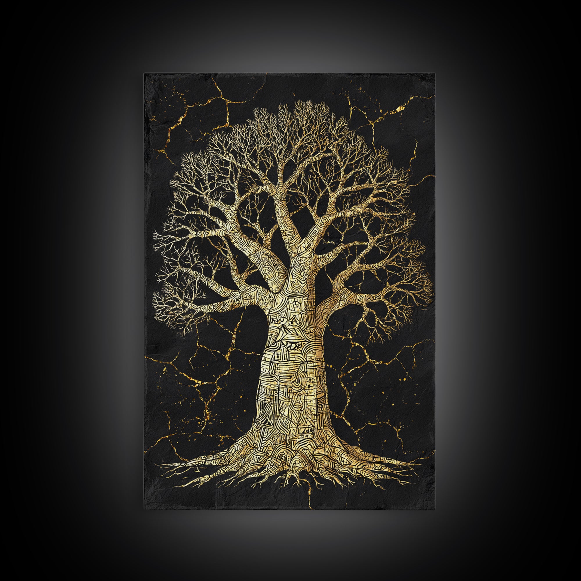 Golden Baobab Tree On Black Stone Wall Art, African Tree Print, Earth Tone Decor, Spiritual Nature Canvas For Living Room