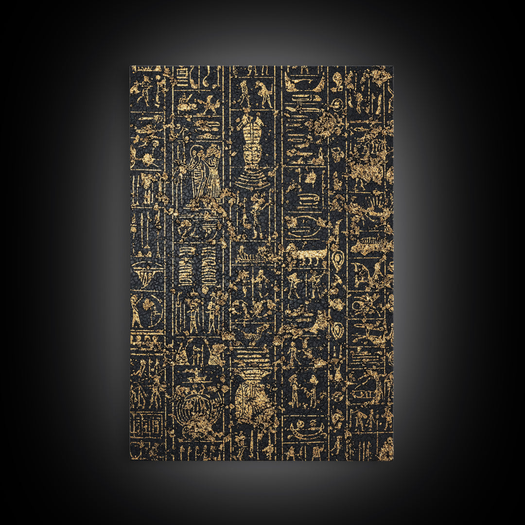 Gold Egyptian Hieroglyph Panels Wall Art, Ancient African Art Print, Black And Gold Canvas, Museum Style Home Decor Gift