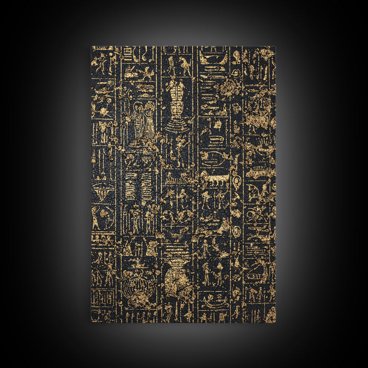 Gold Egyptian Hieroglyph Panels Wall Art, Ancient African Art Print, Black And Gold Canvas, Museum Style Home Decor Gift