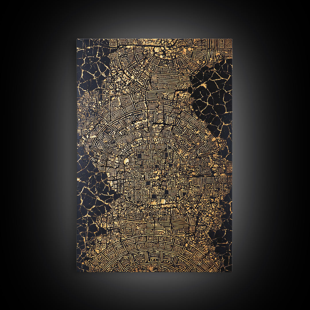 Gold Abstract African City Map Canvas Print, Geometric Tribal Pattern, Black And Gold Wall Art, Modern Office Decor Gift