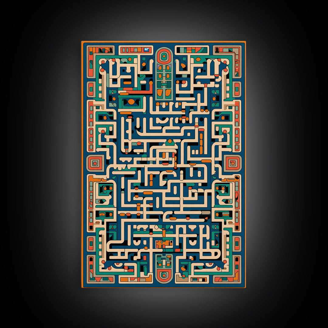 Teal Orange Geometric Maze Glyph Wall Art, African Abstract Pattern, Tribal Art Print, Afrocentric Decor For Living Room