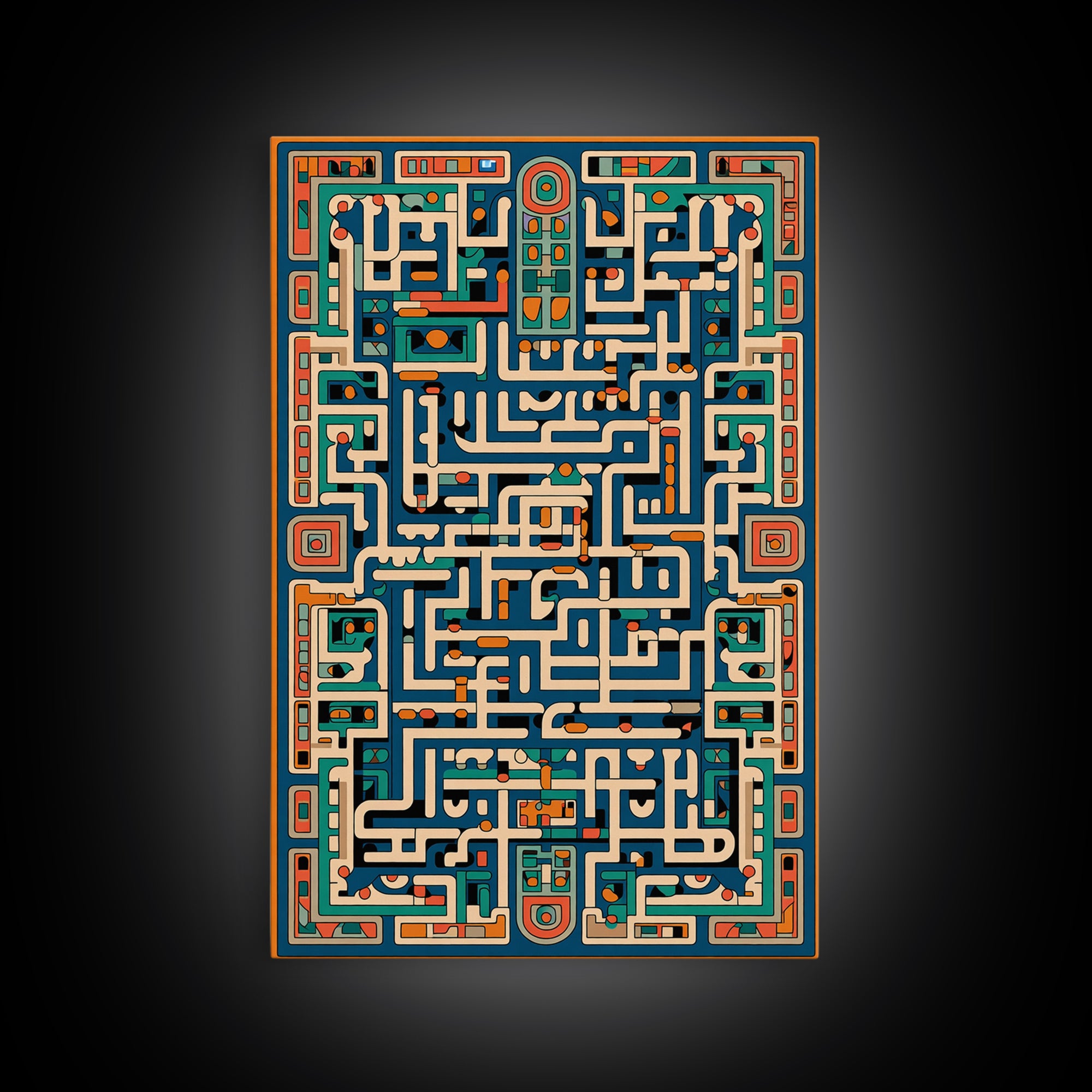 Teal Orange Geometric Maze Glyph Wall Art, African Abstract Pattern, Tribal Art Print, Afrocentric Decor For Living Room