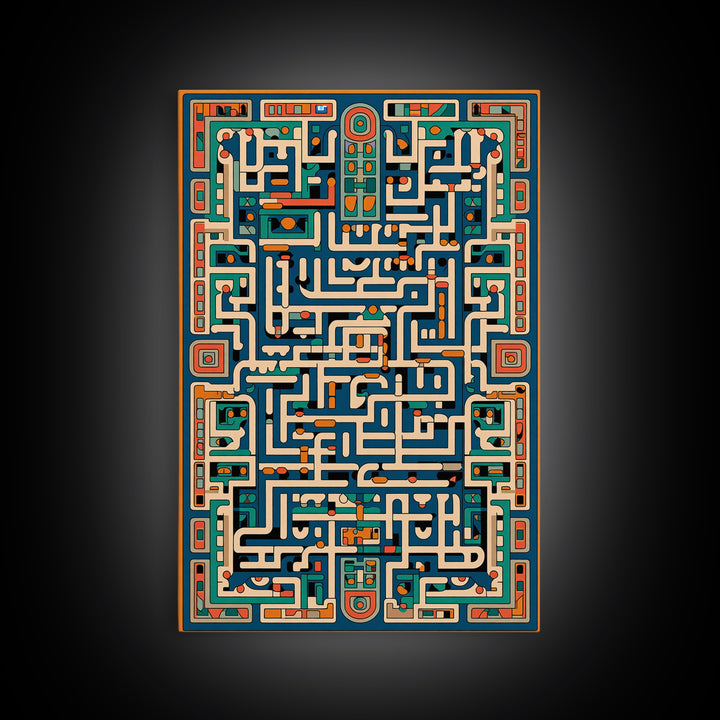 Teal Orange Geometric Maze Glyph Wall Art, African Abstract Pattern, Tribal Art Print, Afrocentric Decor For Living Room