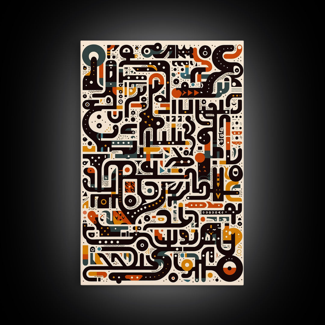 Ivory Black Orange Labyrinth Glyph Wall Art, Modern African Art Abstract, Boho Tribal Decor, Geometric Canvas Print For Home Decor