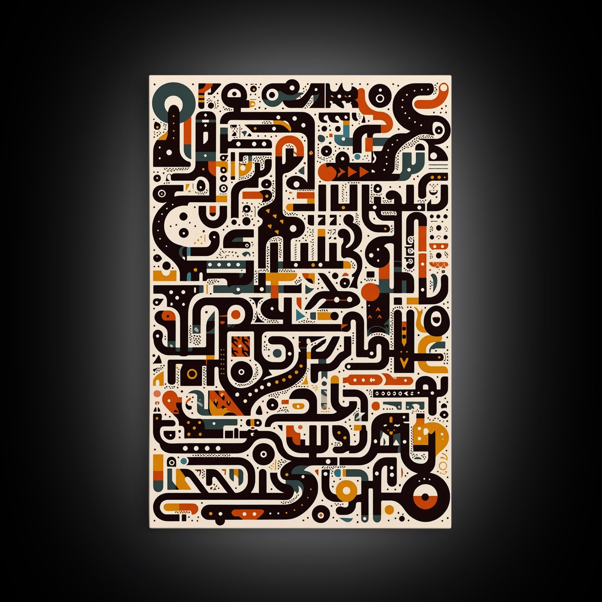 Ivory Black Orange Labyrinth Glyph Wall Art, Modern African Art Abstract, Boho Tribal Decor, Geometric Canvas Print For Home Decor