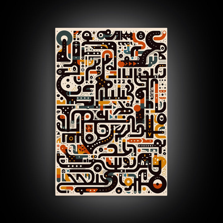 Ivory Black Orange Labyrinth Glyph Wall Art, Modern African Art Abstract, Boho Tribal Decor, Geometric Canvas Print For Home Decor