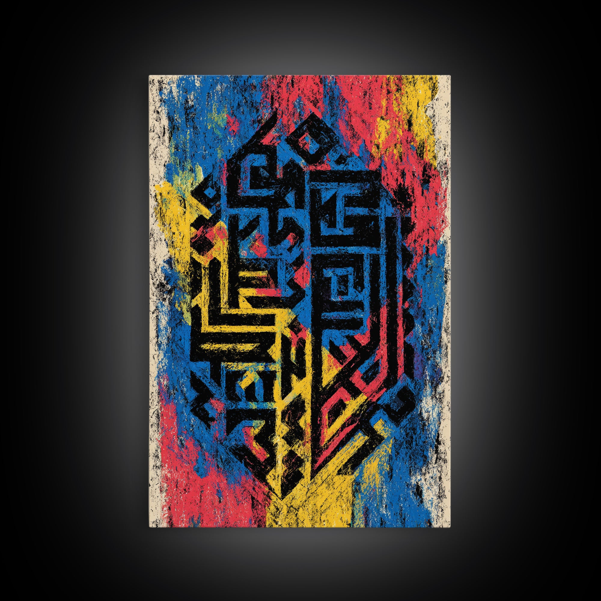 Blue Yellow Pink Tribal Shield Wall Art, African Abstract Painting, Graffiti Texture, Colorful Afrocentric Wall Decor Gift