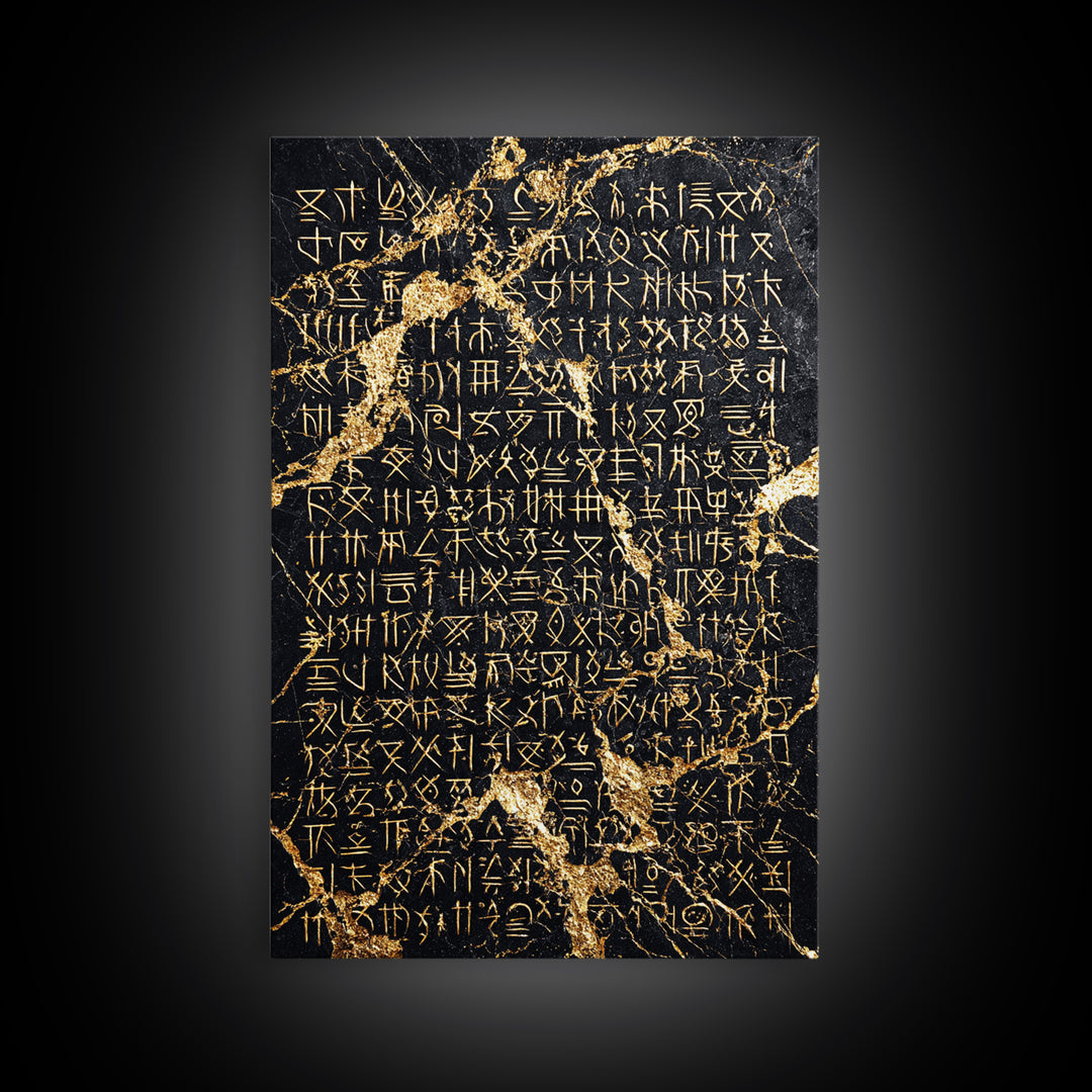 Black Marble Gold Script Wall Art, Ancient African Inspired Symbols, Luxury Abstract Canvas Print, Spiritual Home Decor Gift