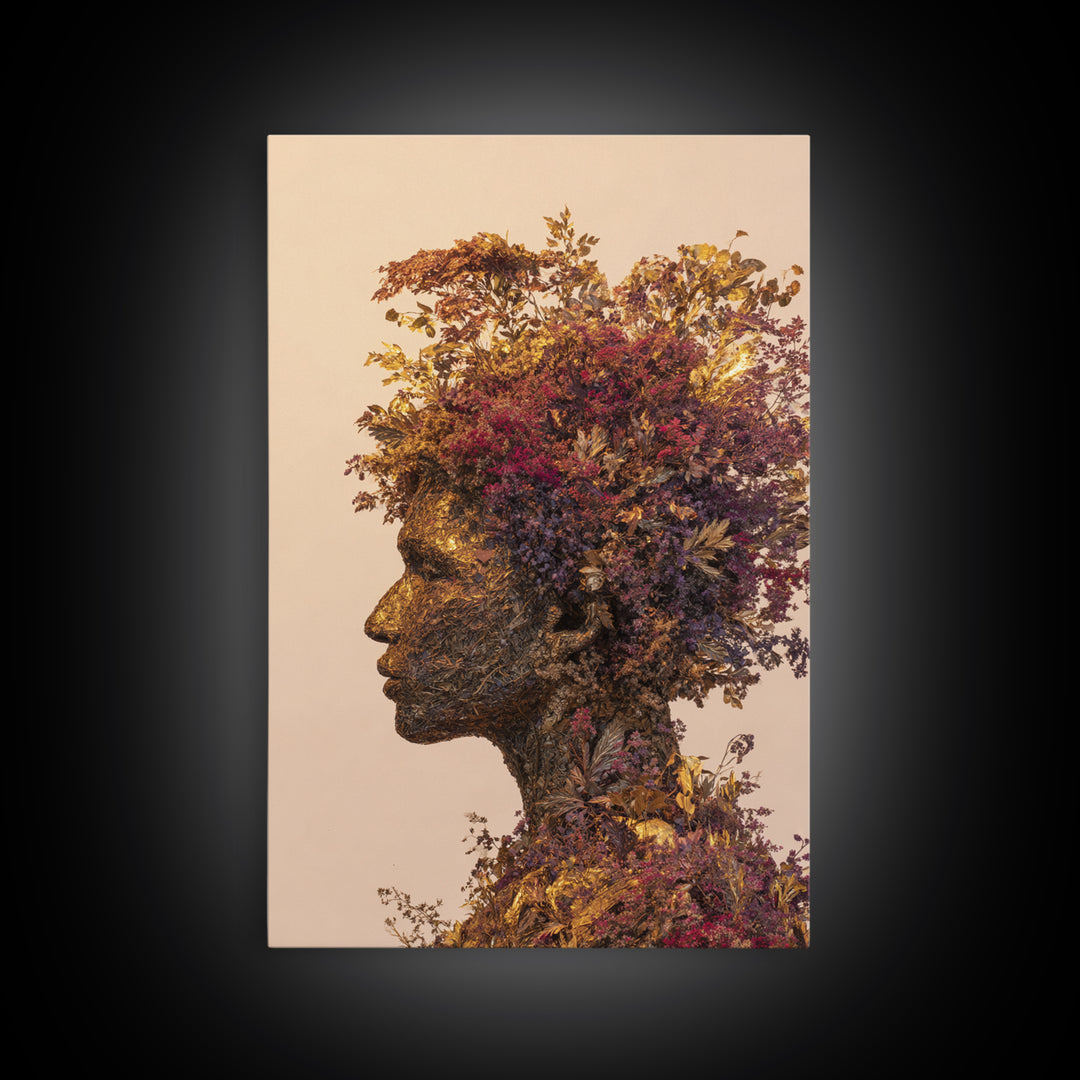 Botanical African Woman Portrait Wall Art, Afrocentric Floral Black Beauty Art, Earth Tone Living Room Decor, Housewarming Gift