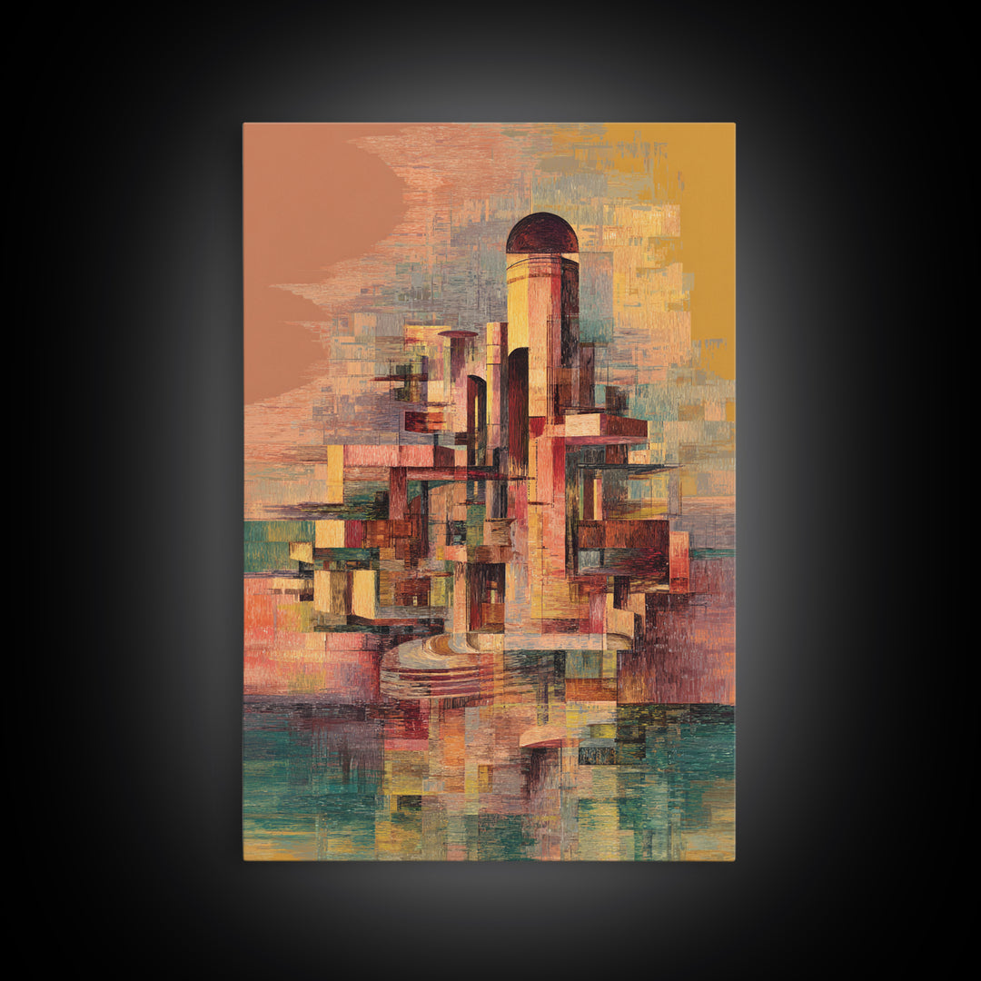 Abstract Futurist Tower City Canvas Print, Modern Geometric Architecture Art, Terracotta Teal Statement Wall Decor Gift For Him