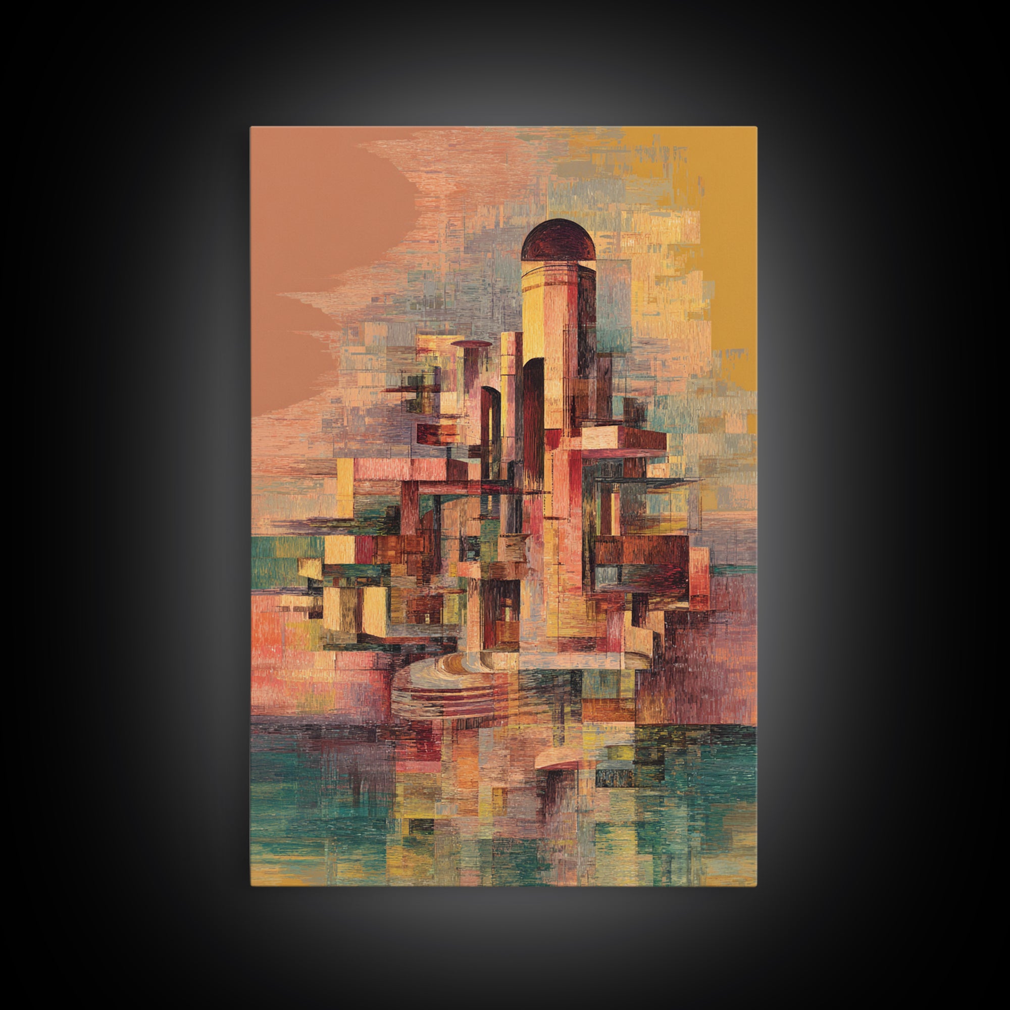 Abstract Futurist Tower City Canvas Print, Modern Geometric Architecture Art, Terracotta Teal Statement Wall Decor Gift For Him