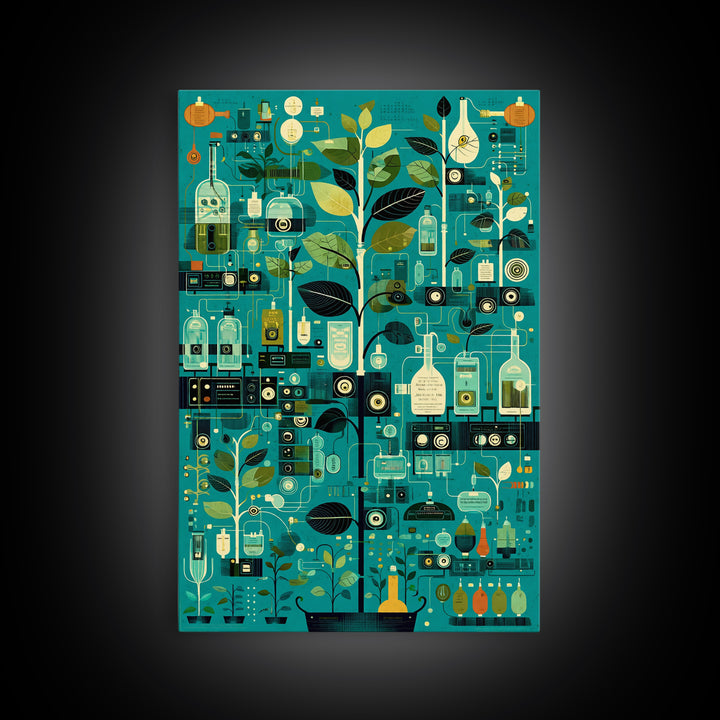 Botanical Science Laboratory Wall Art, Teal Green Plant Illustration, Modern Digital Art For Office Decor And Unique Gift