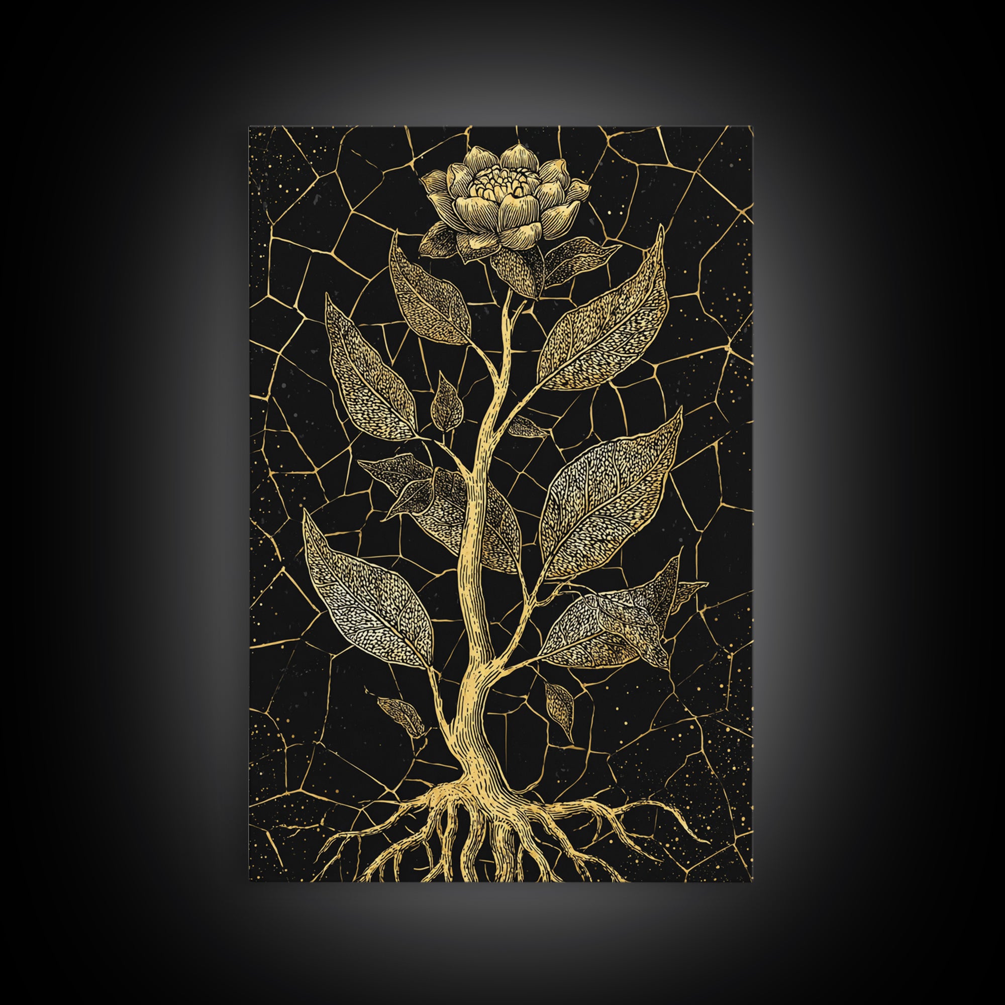 Gold Botanical Rose Canvas Print, Black And Gold Floral Line Art, Elegant Minimalist Wall Decor For Bedroom Home Decor Gift