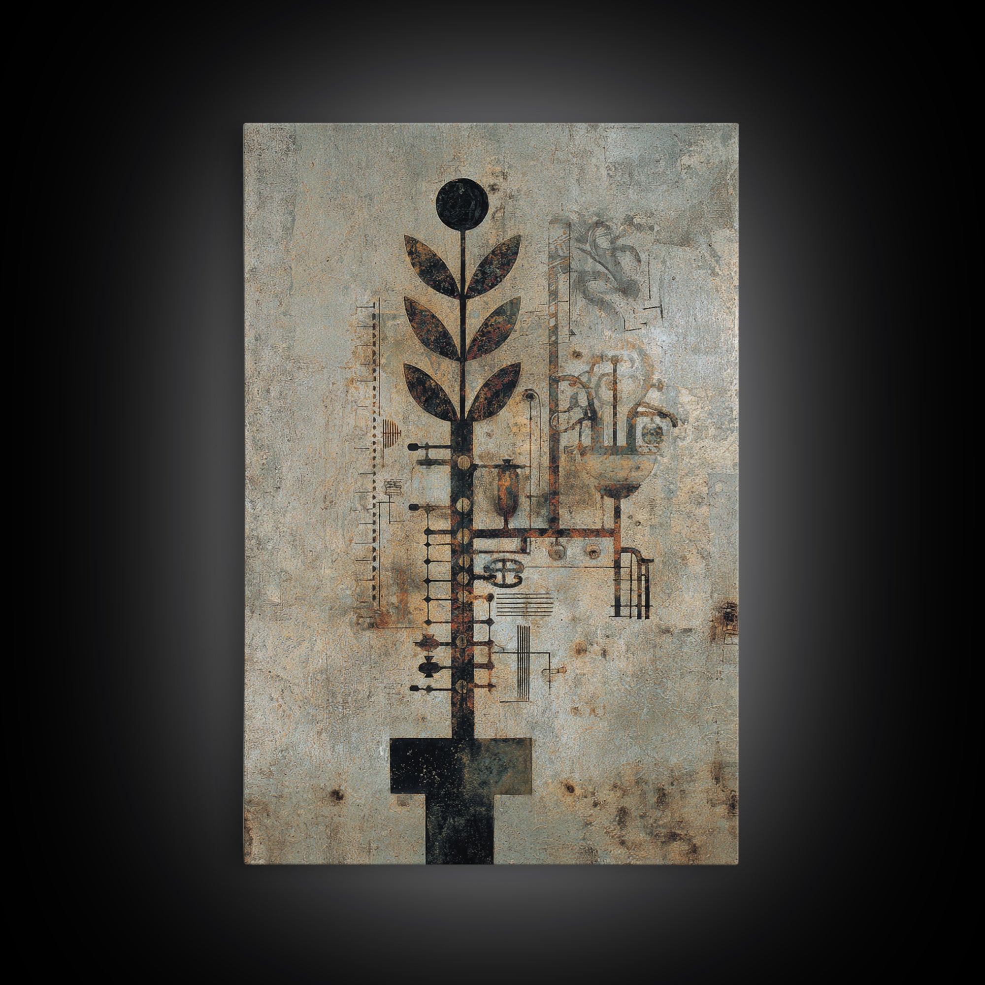 Rustic Industrial Botanical Wall Art, Abstract Plant Machinery Painting, Earth Tone Textured Art Print For Modern Office Decor