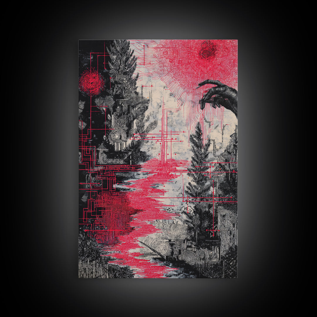 Surreal Red And Black Landscape Canvas Print, Mystical Abstract Art, Gothic Nature Scene Art For Bold Modern Wall Decor Gift