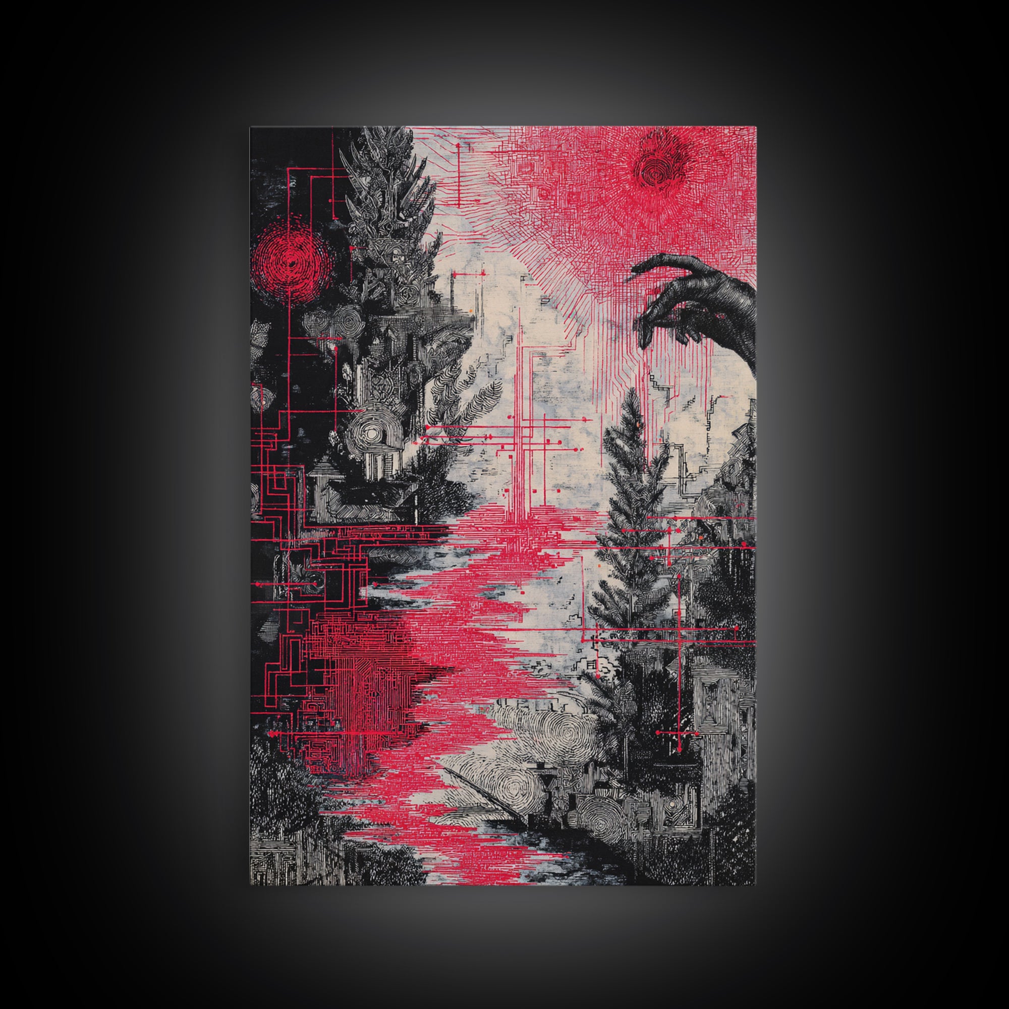 Surreal Red And Black Landscape Canvas Print, Mystical Abstract Art, Gothic Nature Scene Art For Bold Modern Wall Decor Gift