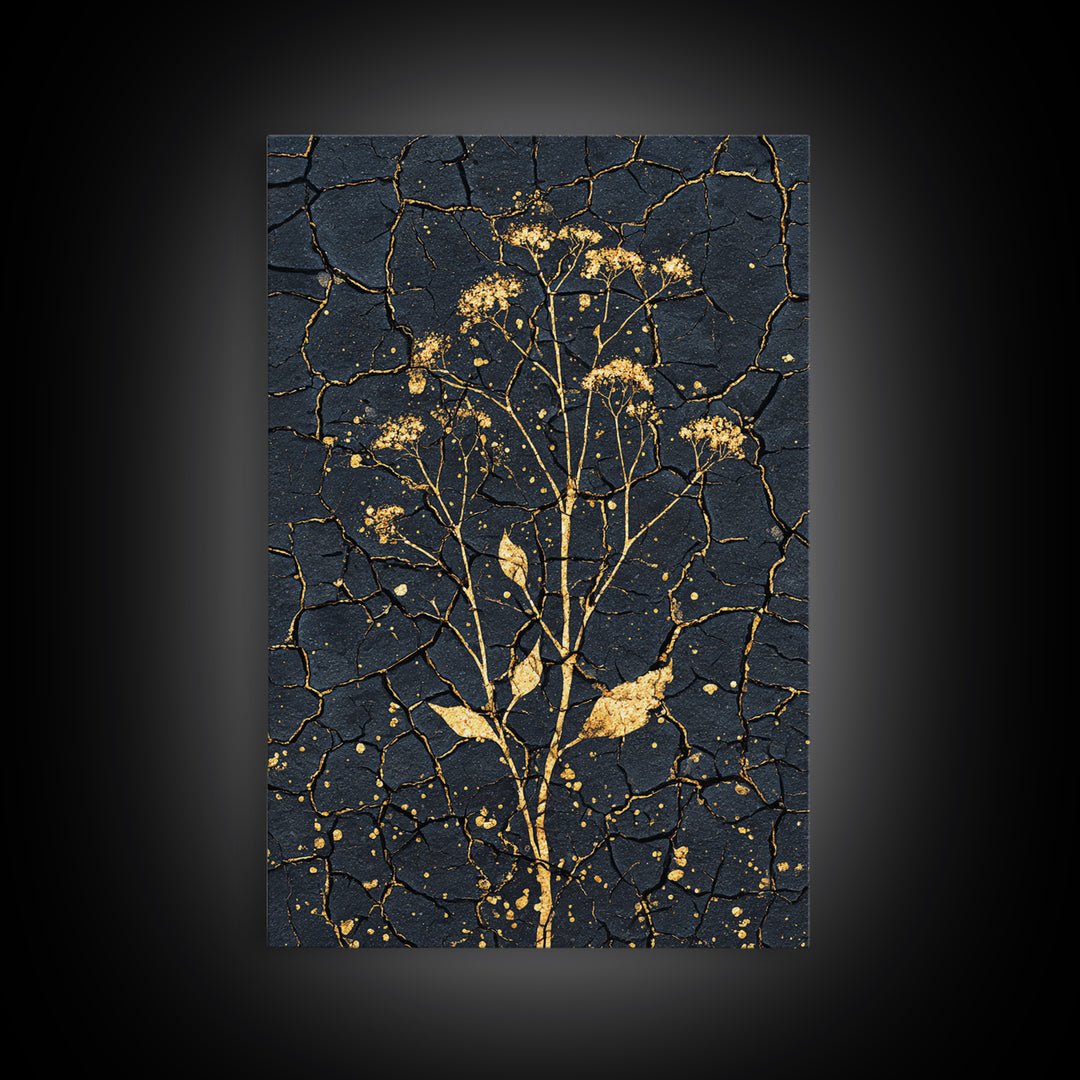 Gold Wildflower On Cracked Black Wall Art, Elegant Botanical Art Print, Black And Gold Design For Bedroom Home Decor Gift